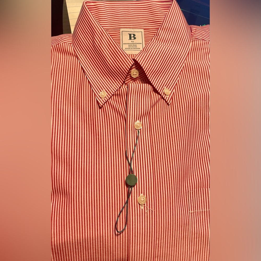 NWT B by BROOKS BROTHERS MENS RED STRIPED NO IRON LS DRESS SHIRT SIZE 15 X 32/33 - Picture 2 of 4